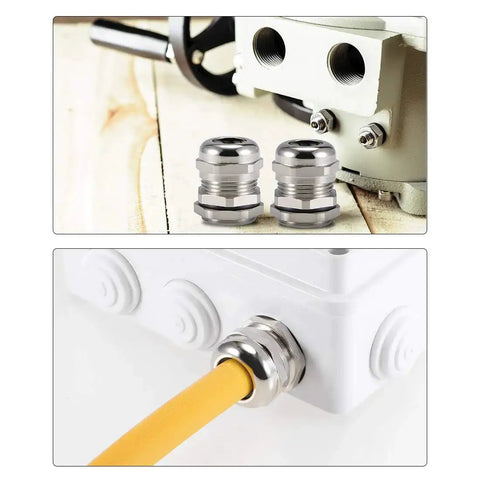 PG9 Cable Gland for 4mm to 8mm wires, waterproof metal joint with adjustable locknut, brass nickel plated, installation view