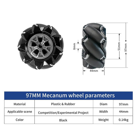 97mm Mecanum wheel dimensions with black plastic and rubber material for Mecanum Wheel Robot Chassis 97mm Omnidirectional Full Metal Robotic Platform