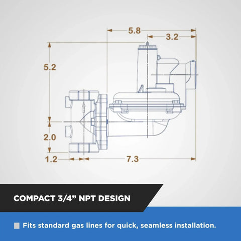 Diagram of Workhorse Three Quarters Inch NPT Natural Gas Regulator NMT NGR02 75, showing dimensions for seamless installation.