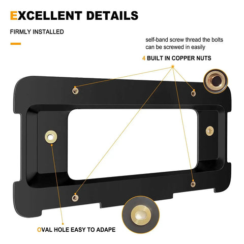 Rear License Plate Holder Bracket For BMW And Mini Cooper Bolt On Frame details showing copper nuts and screw holes