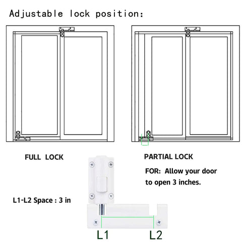 Sliding Door Foot Lock Kick Lock for Patio Doors and Windows installation diagram, showing full lock and partial lock positions.