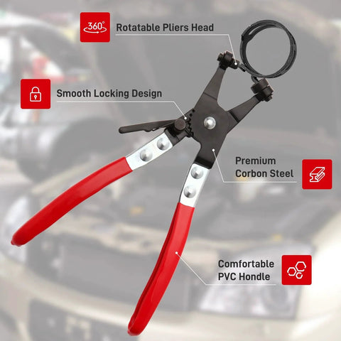 Hose Clamp Pliers for Automotive Use With Swivel Flat Band and Carbon Steel Construction in front of a car engine.