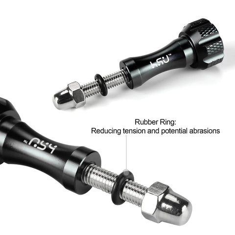 Close-up of Go To Aluminum Thumbscrew Set With Wrench For GoPro Hero And AKASO Campark Action Cameras, 3 Pack Black With O Rings.
