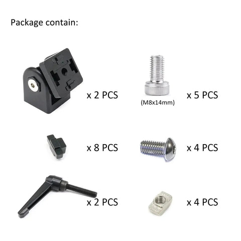 Contents of Black 2 Sets 3030 Aluminum Extrusion Pivot Hinge Swivel Degree Angle Bracket hardware package with included screws and handles