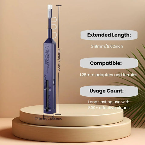 Mexture LC fiber cleaner pen, blue plastic 1.25mm LC cleaner, upright on beige pedestal