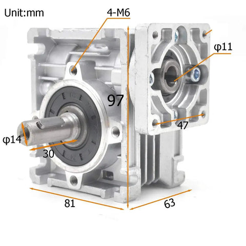 Worm Gearbox NMRV-030 Speed Reducer 80 to 1 Ratio, 11mm input bore, 14mm output bore, argentate finish, front angled view