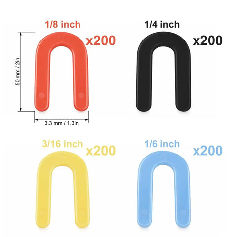 800 Piece Plastic Horseshoe Shims Set For Leveling And Spacing In U Shape Tile And Window Applications Color Coded 1/16 Inch Blue 1/8 Inch Red 3/16 Inch Yellow 1/4 Inch Black Handy Value Pack For DIY Home Reno showing color-coded shims by size