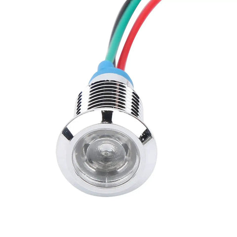 Close-up of Four Pack Round 10mm Prewired LED Indicator Lights, Common Anode, Red and Green Dual Color, 12 to 24V DC, IP67 Waterproof.
