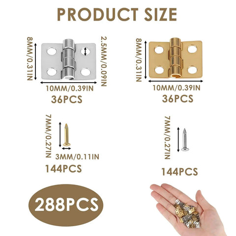 72 Pack Mini Hinges For Crafts Brass Tiny Hinges For Wooden Boxes Jewelry Boxes Dollhouses DIY Miniature Cabinets And Closets With 288 Mounting Nails 10 By 8 Mm Gold And Silver product size illustration.