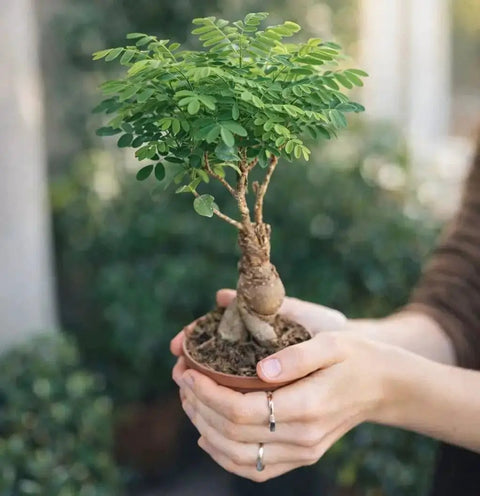 Person holding a Bonsai Starter Kit For Growing Jacaranda Tree With Seeds, Tools, And Planter, complete indoor bonsai kit