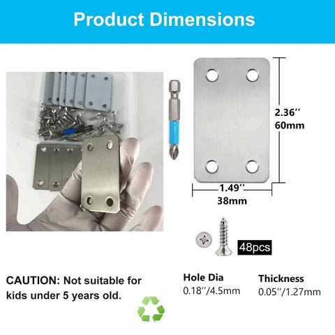 12 Pack Flat Mending Plate Metal Bracket Stainless Steel Corner Brace 60mm By 38mm Four Hole 0.05 Inch Thick Wood Repair