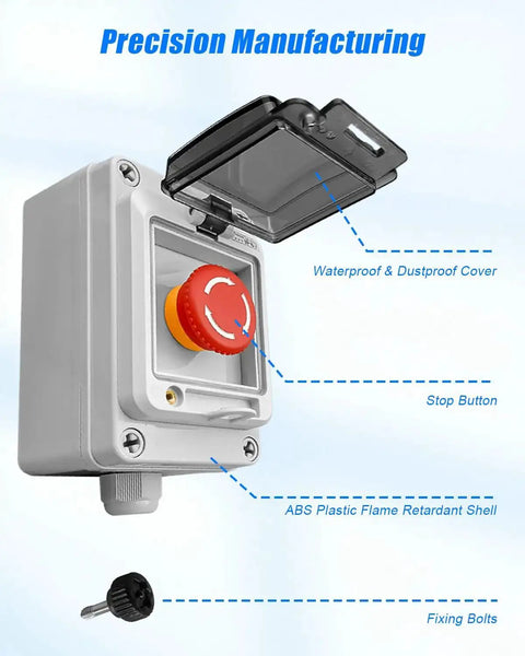 Emergency Stop Push Button Switch Box With Red Momentary Button And IP67 Waterproof Cover shown with ABS shell and fixing bolts.