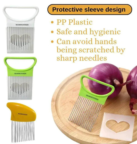 Versatile Potato Slicer And Kitchen Gadgets Set With Crinkle Cutter Onion Slicer Stainless Steel Blades Vegetable Holder And Mandoline Slicer For Tomatoes Avocados And Other Fruits displayed with protective sleeve design.
