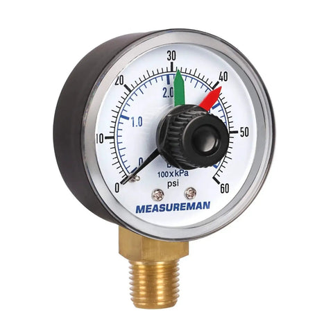 Boxed Pressure Gauge For Pool And Spa Filters With 2 Inch Dial And One Quarter Inch NPT Bottom Mount, Measures 0 To 60 Psi And 0 To 4 Bar On A Dual Scale, Brass Wetted Parts, Sturdy Plastic Case, Twist Reset Pointer For Quick Filter Checks.