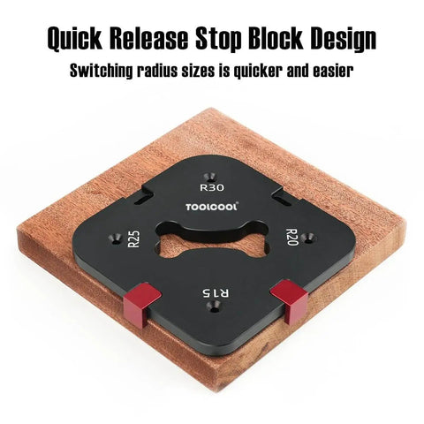 Router Corner Radius Template Kit with Aluminum Alloy Jig, CNC Machined and Anodized, Quick Release Stop Block on Wood
