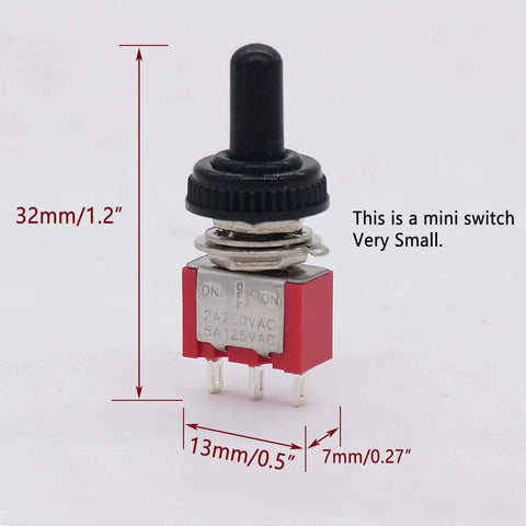 Mini Momentary Toggle Switch SPDT 3 Position On Off On Waterproof Cap with dimensions, shown close-up, ideal for dashboards and DIY projects.