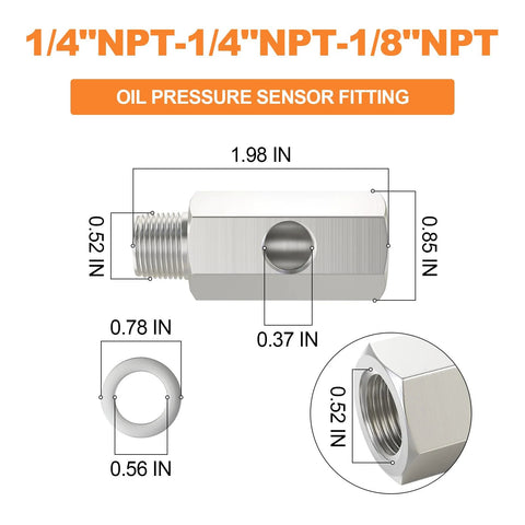 Stainless steel oil pressure sensor tee adapter, 1/4 NPT female to 1/4 NPT male, with 1/8 NPT female port