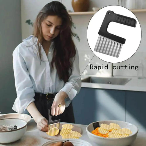 Woman using Wavy Crinkle Cutter Knife For Veggies And Potatoes With Stainless Steel Blade And Rust Resistant ABS Handle Serrated Chopper.
