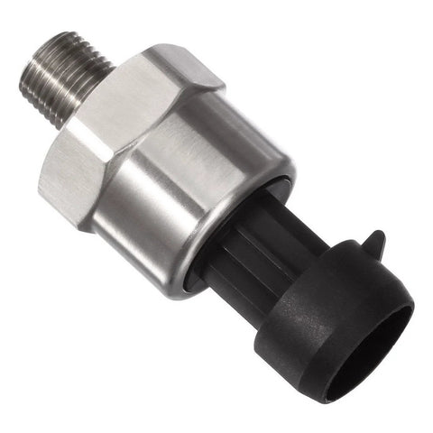 Side view of AUTEX 200 psi pressure transducer with 1/8-27 NPT, stainless steel body, black connector.
