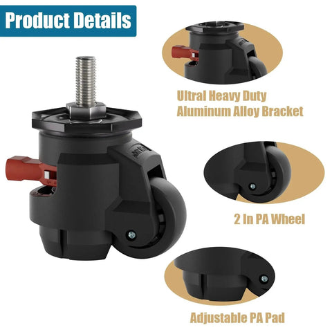 2 Inch Stem Leveling Caster Wheels With Ratchet Handle Height Adjustable Heavy Duty Casters Set Of Four Half Inch And M12 Stem Sizes Retractable Workbench Casters Total Load Up To 2200 Lbs Black showing aluminum bracket and adjustable pad