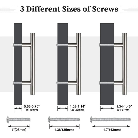 Diagram showing 30 Pack 3-3/4 Inch Hole Center Cabinet Pulls Brushed Nickel Stainless Steel Kitchen Cabinet Handles with screw sizes.