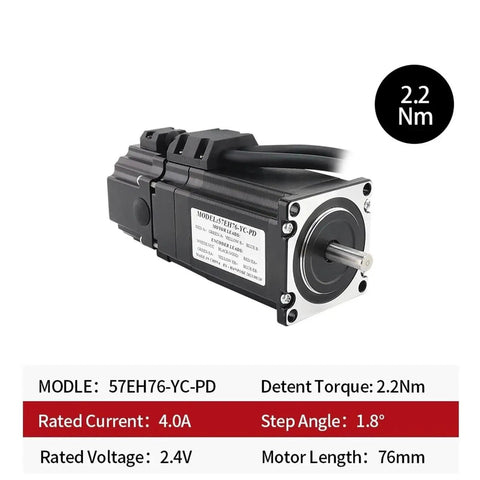 Servo motor 57EH76-YC-PD, front-side view with black housing, silver shaft, mounting flange.