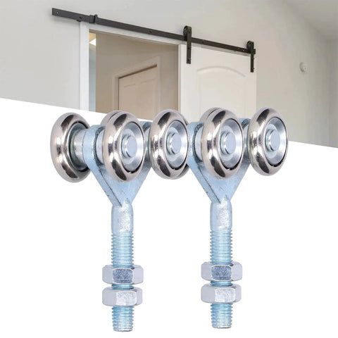 2 Pcs Door Roller Set With Double Wheel Pulley For Glass Barn Doors And Sliding Track Doors, 35mm Diameter, shown against a sliding door