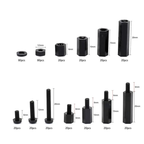 Go-To M3 Nylon Standoff Kit With 380 Pieces For PCB Mounting including various sizes of spacers, threaded pillars, screws, nuts, washers.