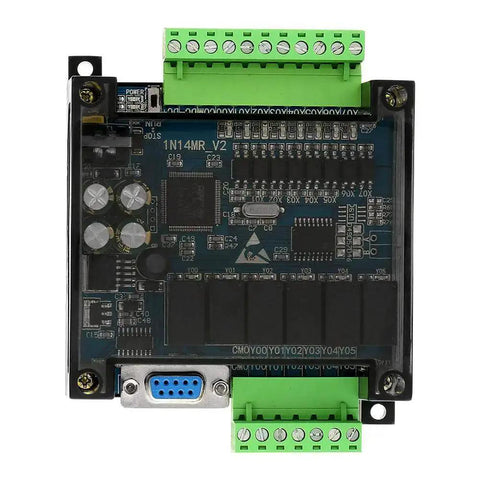 Top view of DC 24V FX1N 14MR PLC with relay output, for automation projects, showing connections and industrial-grade components.