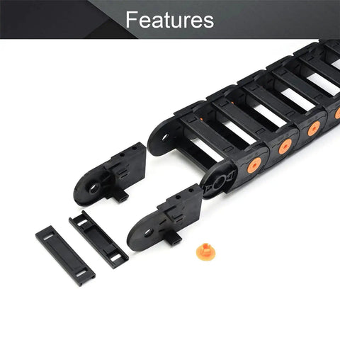Open Type Drag Chain Cable Carrier With End Connectors 40x100mm Inner Size, 1 Meter Length, Black Nylon, R100 Bend Radius, Parts Shown