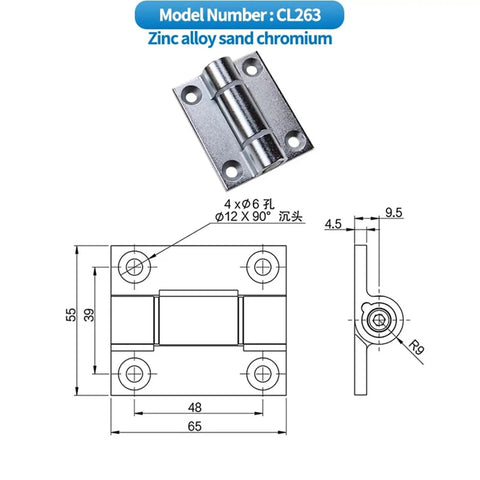 304 Stainless Steel Adjustable Torque Hinge With Positioning And Damping Zinc Alloy Stop Gate Or Cabinet Hinge Built To Last 1 Piece CL263 Chromium Finish shown with technical drawings