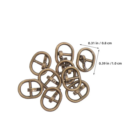Antique copper alloy buckles from 150 Piece Mini Buckle Set For Doll Clothes And Craft Projects, dimensions shown.