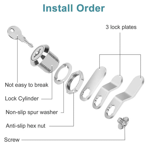 Diagram showing keyed alike cam locks for cabinets and drawers, five eighths inch cylinder, chrome finish, zinc alloy, installation parts labeled.