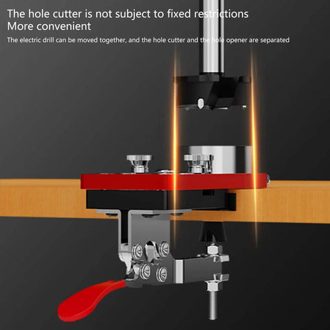 Close-up of Stainless Steel 35mm Cup Hinge Drill Guide Jigs with Ball Bearing Guide in use for precise cabinet assembly.