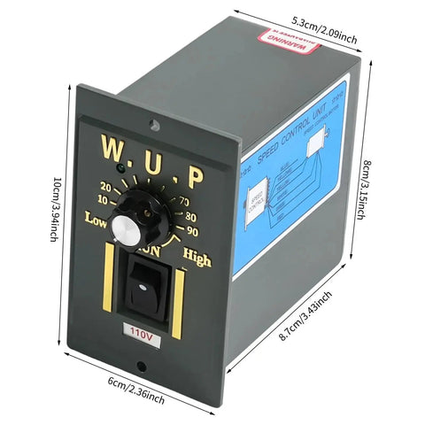 15W 110V AC Gear Motor With Variable Speed Controller unit, showing dimensions and control dial for industrial DIY projects.
