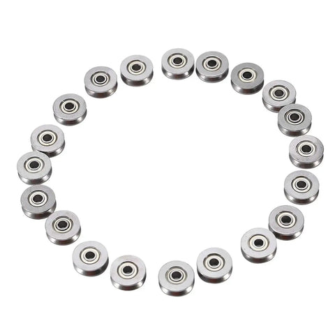 V Groove Ball Bearing Set 20 Pcs Miniature Steel V Pulley Bearings 3x12x4mm arranged in a circle on a white background