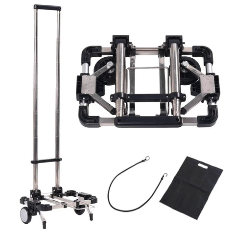 Foldable Luggage Cart With Two Wheels Lightweight Portable Travel Dolly For Air Travel, shown with bungee cord and carrying bag