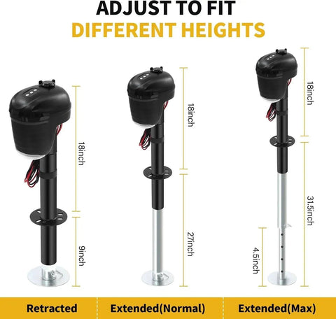 Diagram showing 12V Electric RV Tongue Jack With Touchpad Controls 4,000 Lbs Lift 18 In Travel in retracted and extended heights