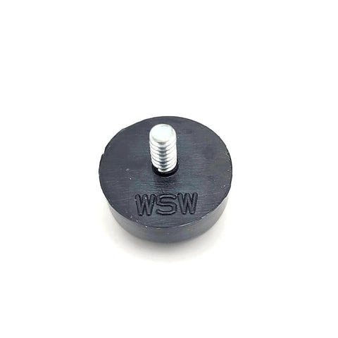 10-24 Thread Rubber Feet Bumpers 1 Inch Round Screw In Equipment Spacer with Galvanized Steel Stud, black, close-up view.