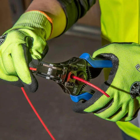 Person using Heavy Duty Automatic Wire Cutter And Stripper For 8 To 20 AWG Solid And 10 To 22 AWG Stranded Wire with gloves