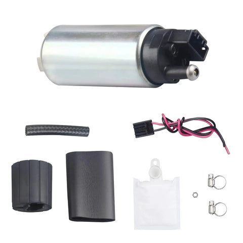 255LPH Electric Fuel Pump High Flow Replacement With Installation Kits For Cars And Trucks Drop In Direct Fit OE Tested 100 Percent New Includes Rubber Hose And Wiring Harness Ready For Quick Install image showing pump, hose, harness, sleeve, strainer, and clamps