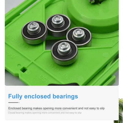 Close-up of green drill bit hole saw guide with four repositionable bearings, part of the Adjustable Tile Hole Cutter Centering Locator Jig