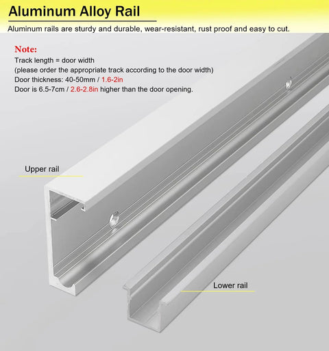 Trackless Invisible Sliding Ghost Door Kit With Soft Close Concealed Barn Door Hardware System showing upper and lower aluminum alloy rails.