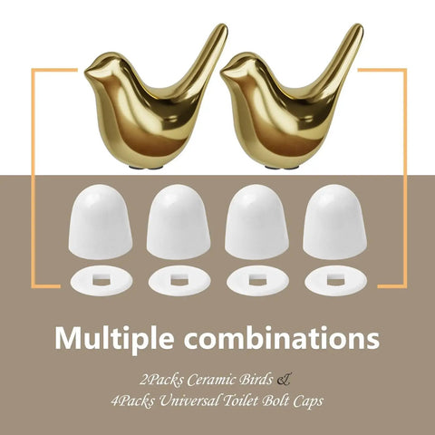 Set Of 2 Ceramic Birds Toilet Bolt Caps And 4 Universal Toilet Bolt Covers For Bathroom Decor, gloss grey finish set