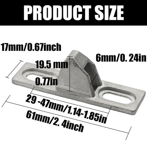 Two Pack Sliding Door Keepers For Glass Doors, Half Inch Door Lock Keepers, Zinc Alloy Construction, product size dimensions shown