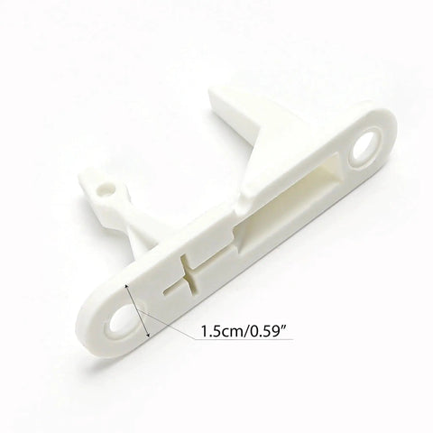 Close-up of 2-pack white plastic washer door striker latch for Frigidaire Affinity washers; fits Gibson/Kenmore.
