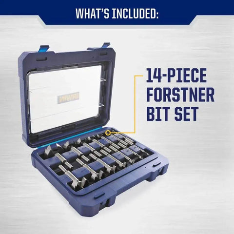Open case displaying Forstner Bit Set 14 Pieces For Woodworking Carbon Steel By IRWIN Marples Pro Grade for clean drilling
