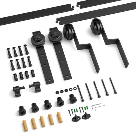 Components of Five Foot Bypass Sliding Barn Door Hardware Kit For Double Wooden Doors On A Single Track With Combination Track Mode