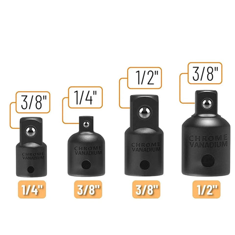 Chrome vanadium swivel impact socket set, 4-piece with 1/4in, 3/8in, 1/2in drives and wobble joints.
