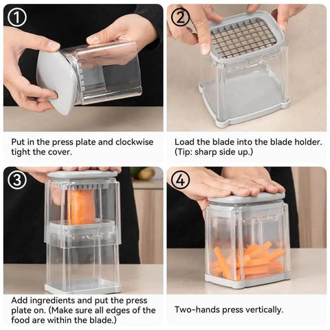Step-by-step usage of 3 In 1 French Fry Cutter And Veggie Dicer For Potatoes Onions Cucumbers Tomatoes Zucchini Carrots And Citrus Fruits With Stainless Steel Blades For Uniform Fries Slices And Dices Fast Badelite
